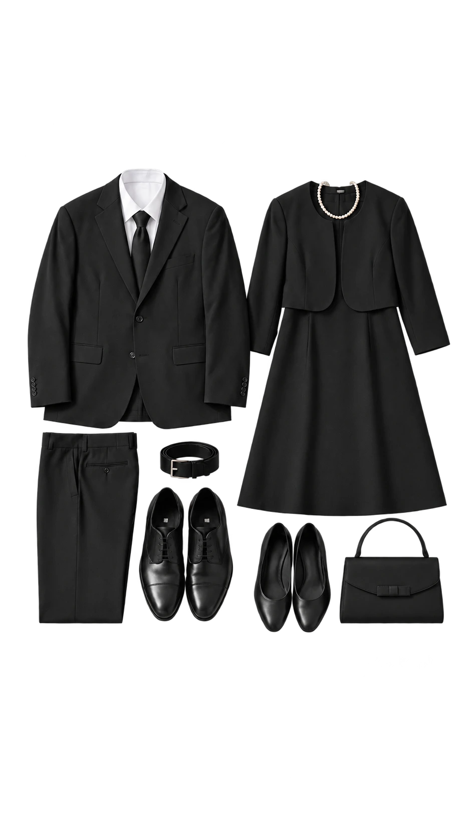 メンズとレディースの喪服、小物の置き撮り